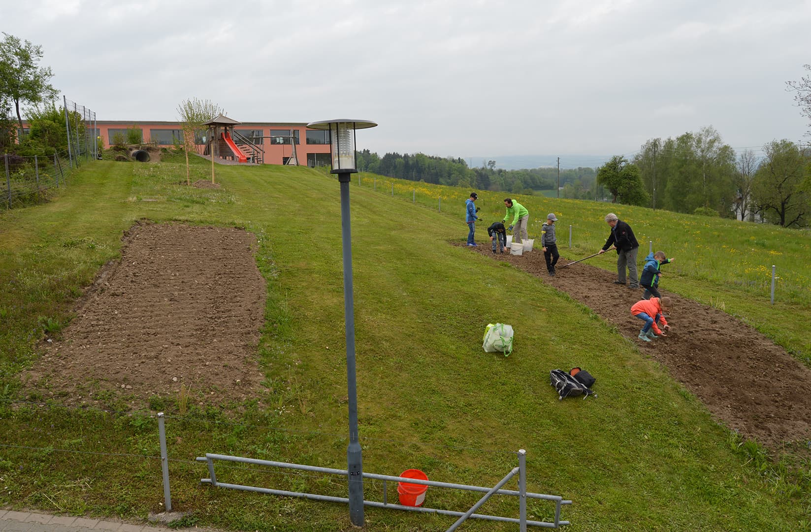 Verschiedene Personen säen zwei Wiesenflächen an.