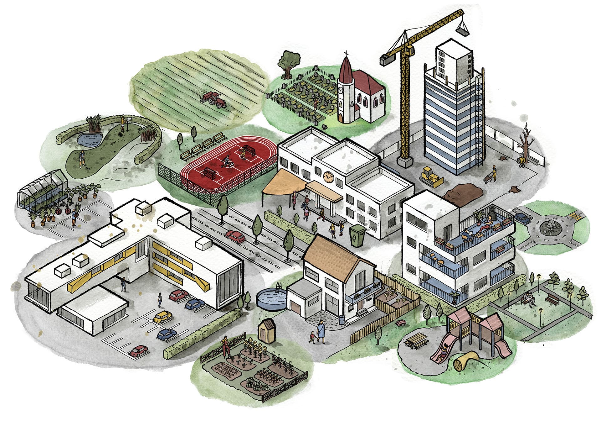 Illustration eines klassischen mehrheitlich grauen Siedlungsgebiets mit Schule, Häusern, Sportanlage etc. von oben.