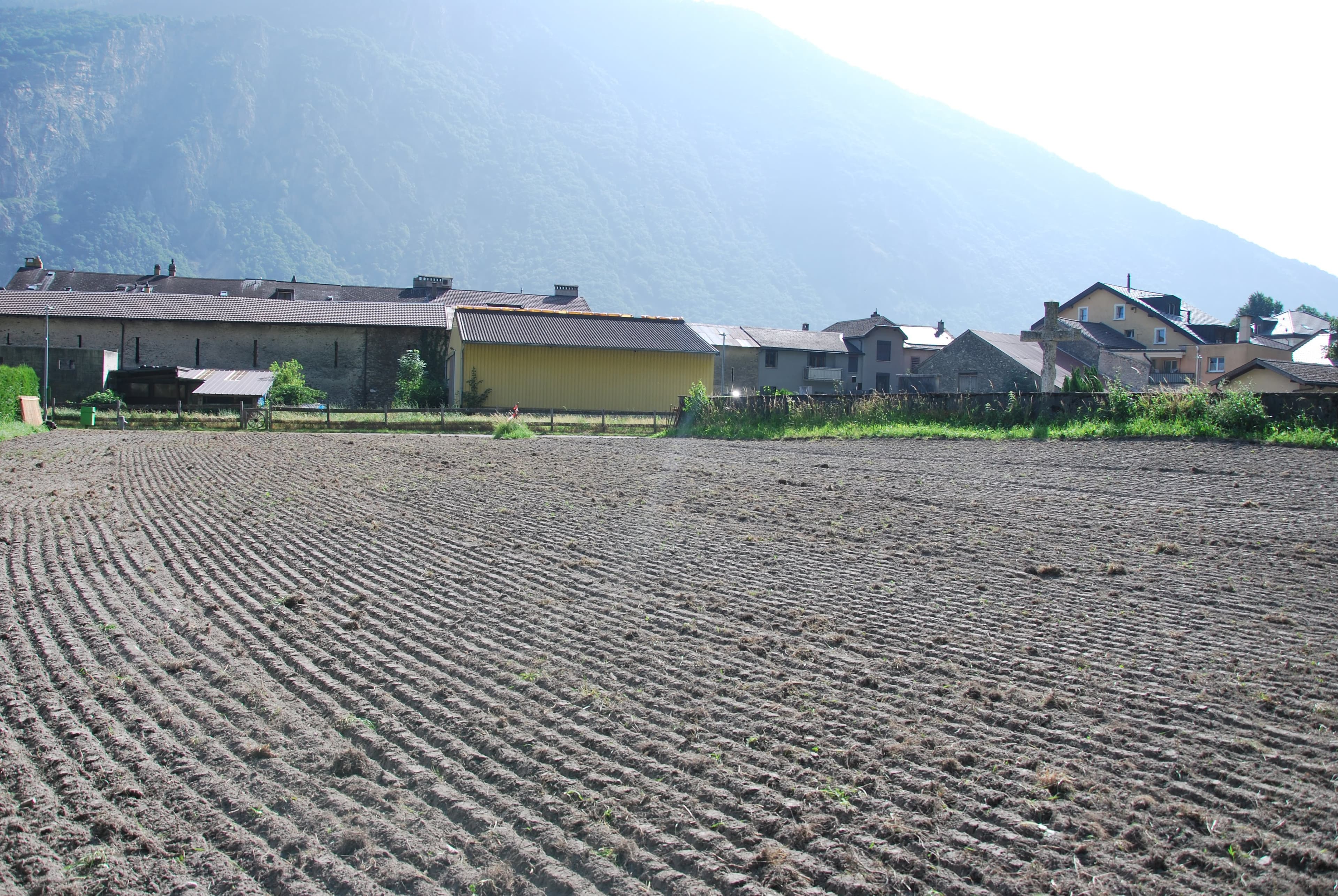 Champs brun qui a récemment été travaillé et hersé sur lequel on distingue nettement le passage des sillons de la herse, avec en arrière-fond des habitations