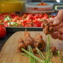 Karotten und Tomaten in der Küche schälen