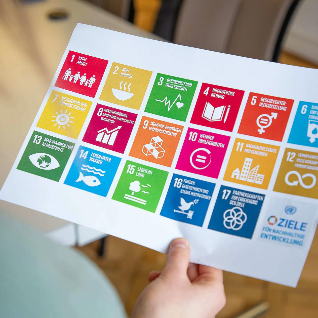 Eine Person hält ein Dokument mit Grafiken der 17 Sustainable Development Goals (SDGs) der UNO in der Hand.